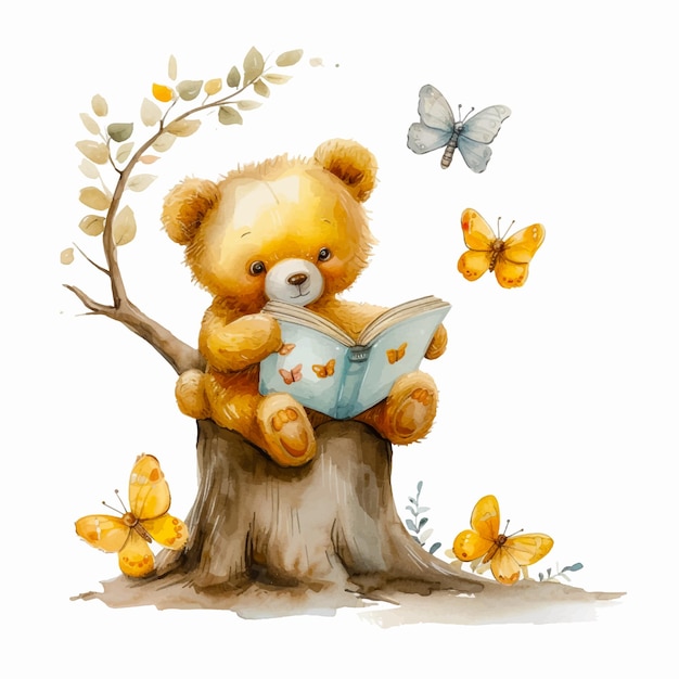 Painting of a teddy bear reading a book sitting on a tree stump surrounded by butterflies