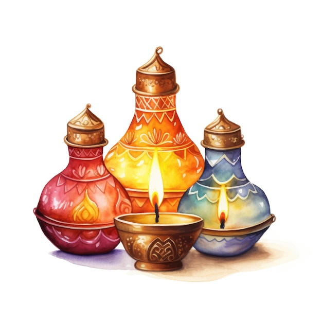 a painting of three colorful vases with a candle in it.