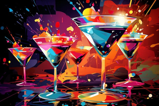 A painting of three martini glasses on a table