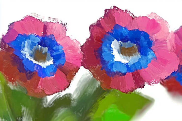 Vector a painting of three pink and blue flowers with a white background