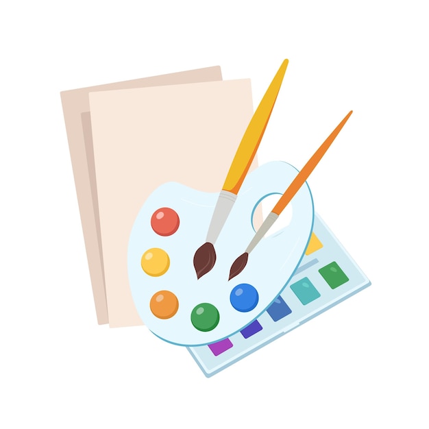 Painting tools elements art supplies Paints brushes watercolor oil palette paper cartoon flat vector illustrations