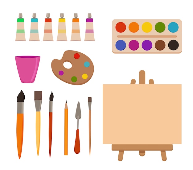 Painting  tools elements cartoon colorful  set. art supplies: easel with canvas, paint tubes, brushes, pencil, watercolor, palette. drawing creative materials for workshops designs