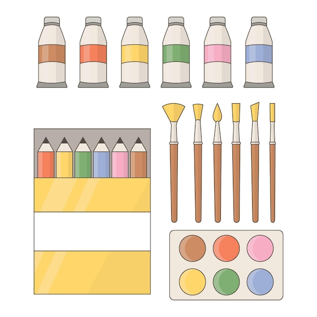 Painting tools elements Drawing creative materials paintbrushes pens paint tubes