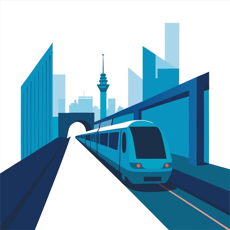 Vector a painting of a train going under a bridge with a city in the background