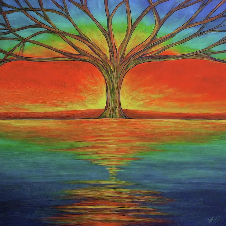 Vector a painting of a tree with the reflection of a sunset in the water