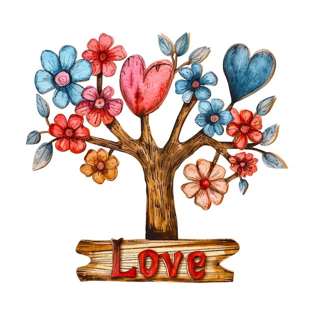 Vector painting of a tree with the wooden sign love