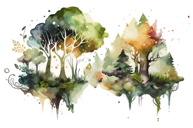Vettore un dipinto di alberi in una foresta con uno sfondo verde e giallo.
