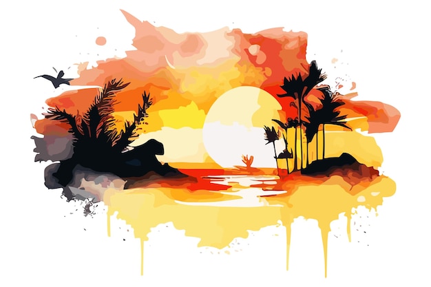 A painting of a tropical island with a sunset in the background.