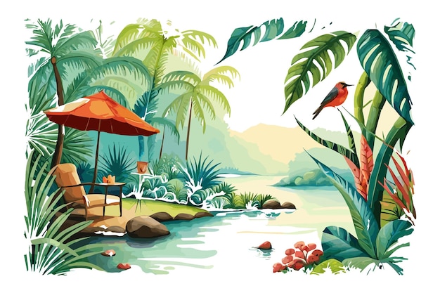 A painting of a tropical landscape with a bird on the top.