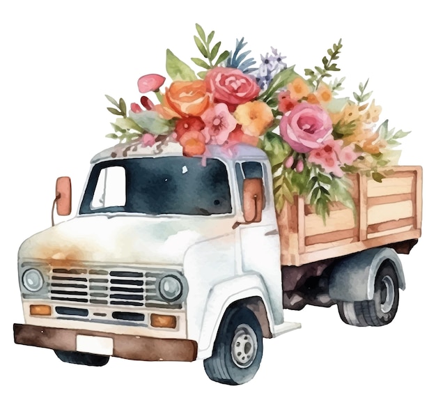 A painting of a truck with flowers on the back