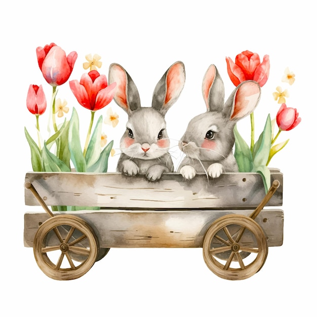 Painting of two bunnies on a wooden cart with tulips flowers