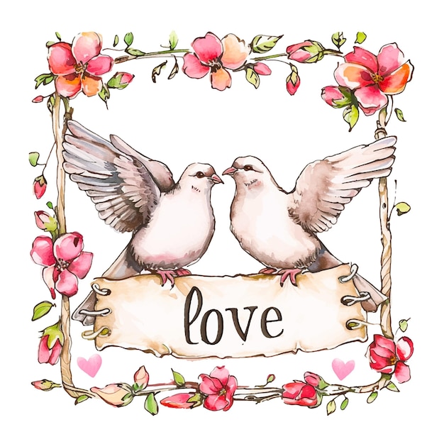 Painting of two doves holding a banner that says writes love you