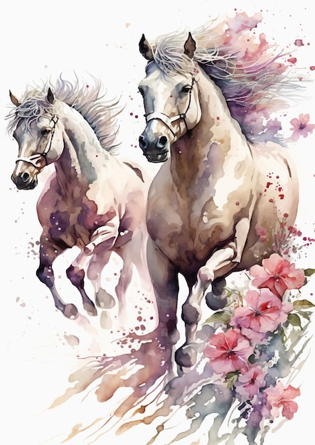 A painting of two horses running in a field of flowers.
