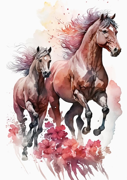 Vector a painting of two horses running in a field with flowers.