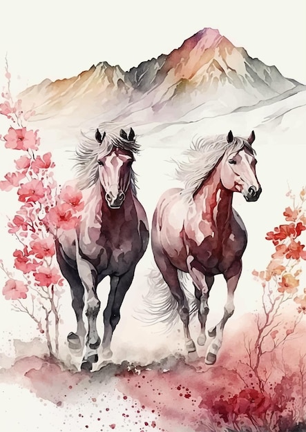 A painting of two horses running in the mountains