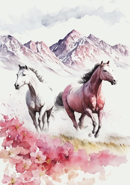 Vector a painting of two horses running in the mountains