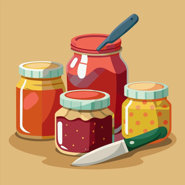 a painting of various jars of jam including a knife and a knife