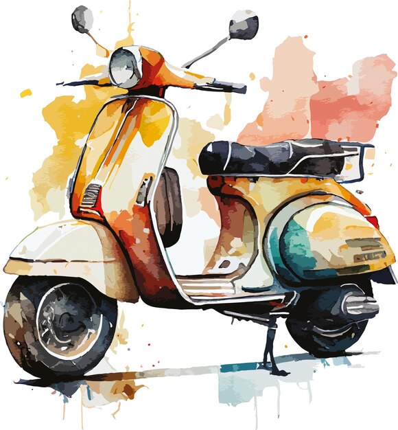 A painting of a vespa that is painted in watercolor