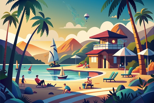 Vettore pittura di una vivace spiaggia tropicale con persone felici che prendono il sole, nuotano e giocano nella sabbia