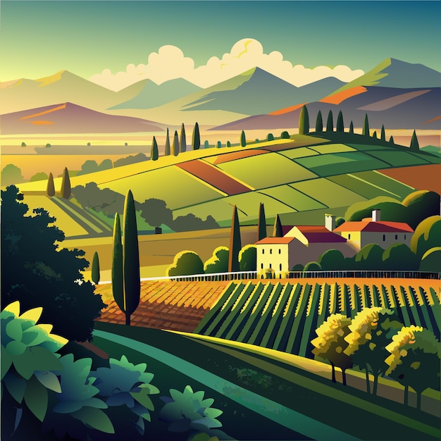 Vector a painting of a vineyard with a view of a valley and mountains in the background