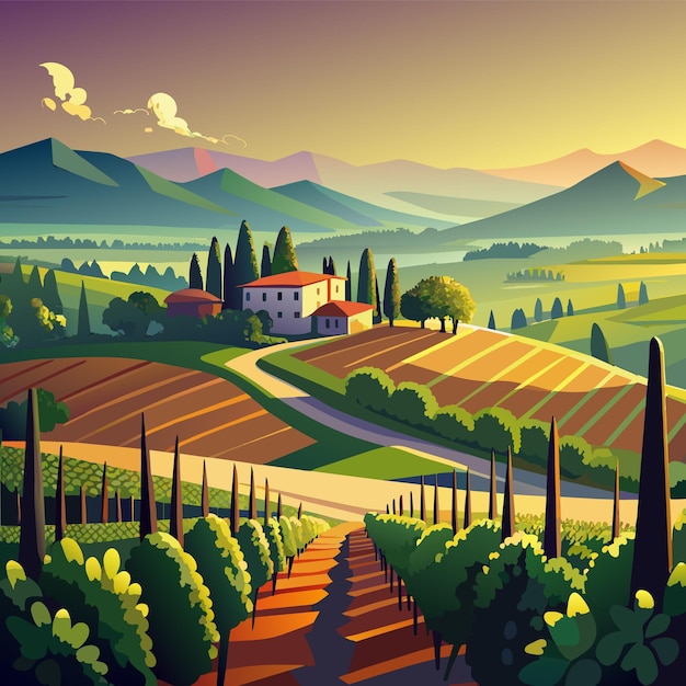 Vector a painting of a vineyard with a view of a valley and mountains in the background