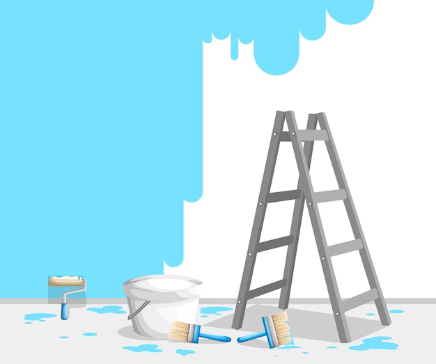 Vector painting wall with paint roll, brush and ladder. bright blue paint in buckets. painter job concept.  illustration. web site page and mobile app