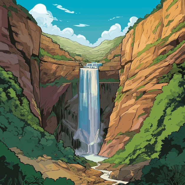 A painting of a waterfall in a canyon with green vegetation.