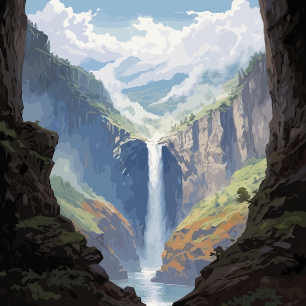 A painting of a waterfall in a canyon with the words " waterfall " on it.