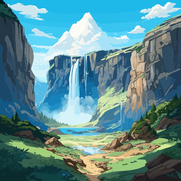 Vector a painting of a waterfall in a green valley with a blue sky and clouds.