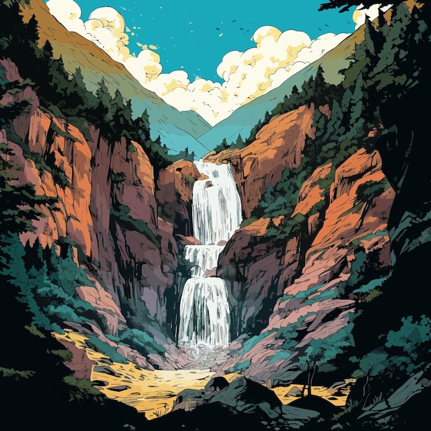 A painting of a waterfall in the mountains