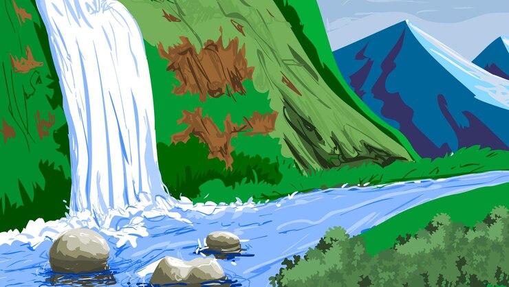 Vector a painting of a waterfall with a green mountain in the background.