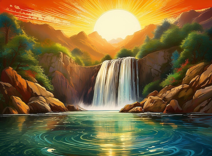 Vector a painting of a waterfall with the sun shining over it