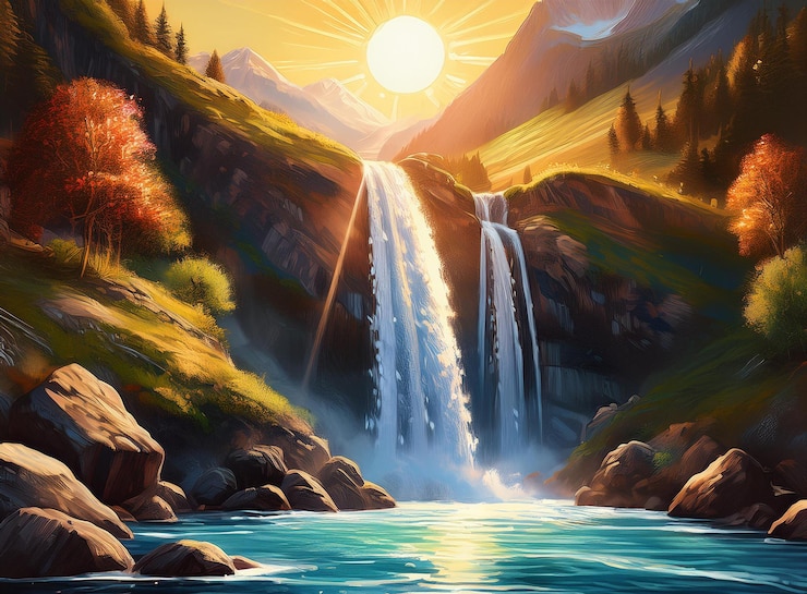 Vector a painting of a waterfall with the sun shining through the trees