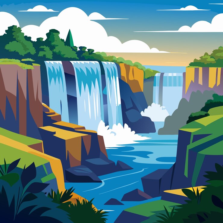 Vector a painting of a waterfall with trees and plants on it