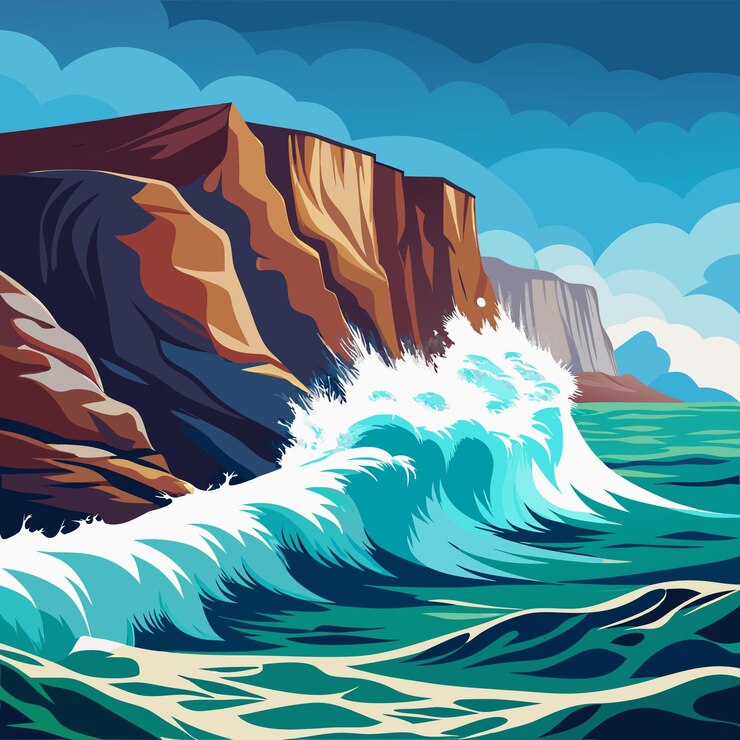 Vector a painting of a wave breaking against a cliff