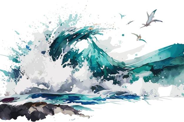 Vector a painting of a wave with the words sea and birds flying around it.