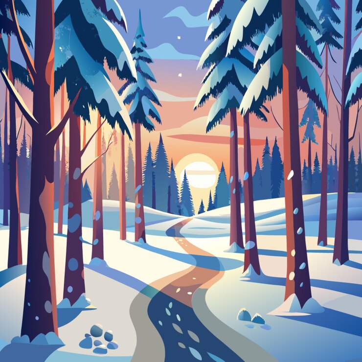 Vector a painting of a winter scene with a road and trees with snow on the ground