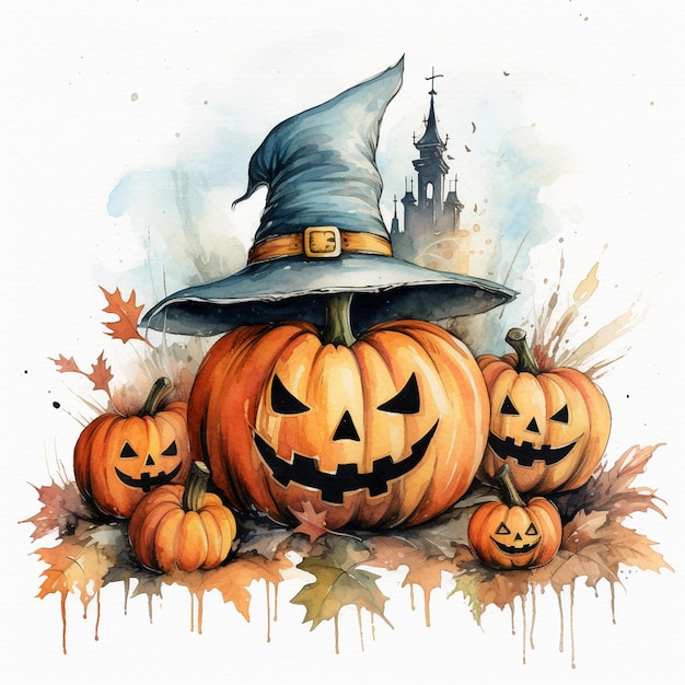 Vector a painting of a witch hat and pumpkins