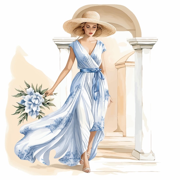 青と白のドレスを着てストローの帽子をかぶった女性を描く