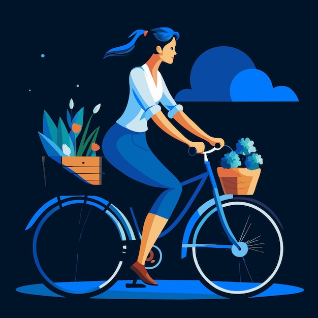 a painting of a woman riding a bike with flowers in a basket