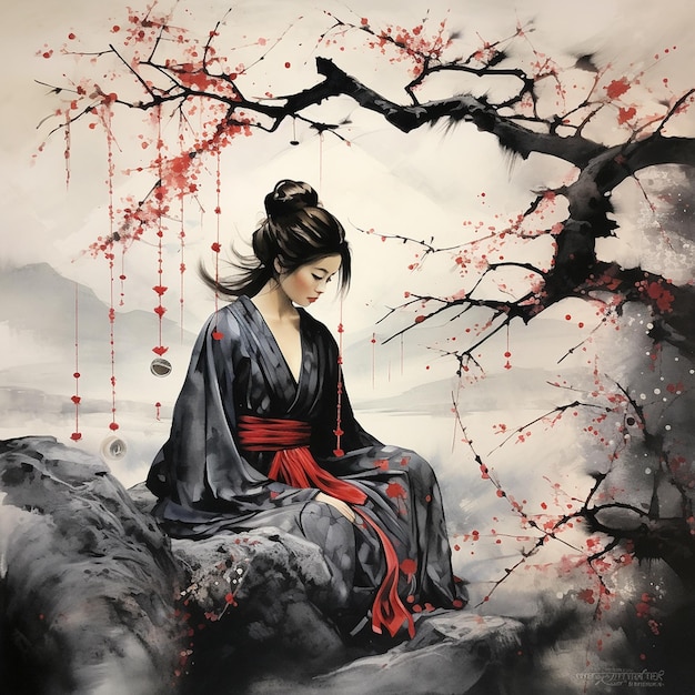 a painting of a woman sitting on a rock with red flowers on it