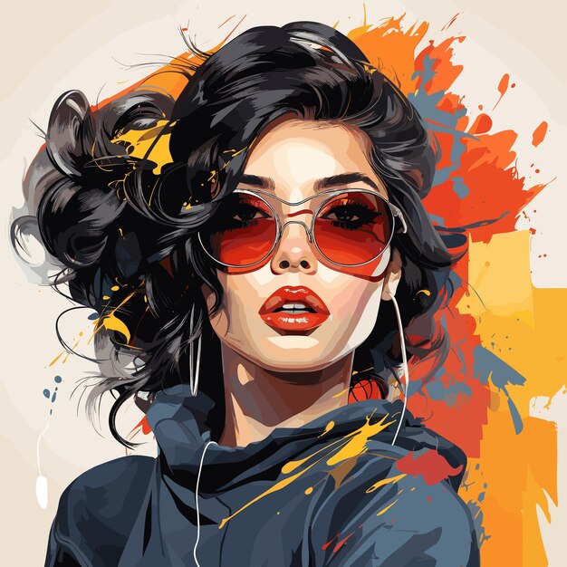 Painting of woman wearing sunglasses and hoodie with splash of paint