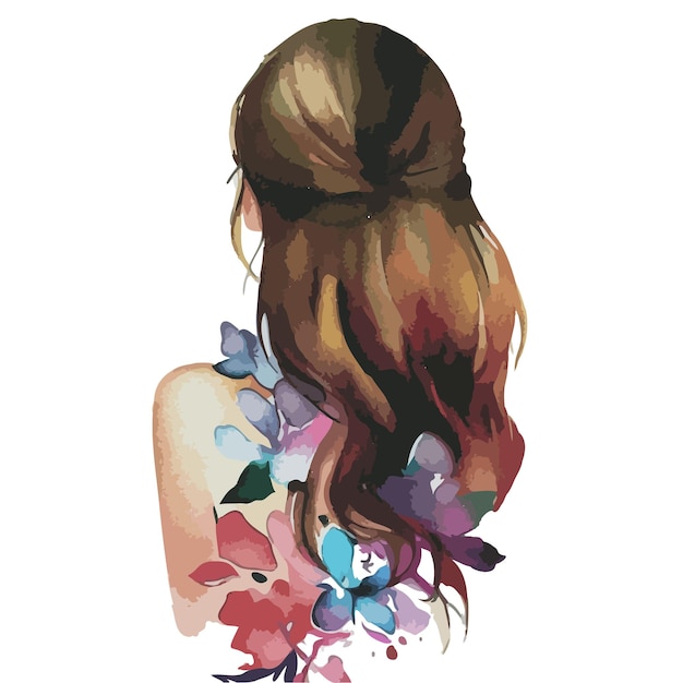 빨간 머리에 꽃을 등에 지고 있는 여인의 그림.