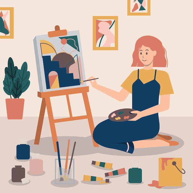 a painting of a woman in a yellow shirt is on a easel