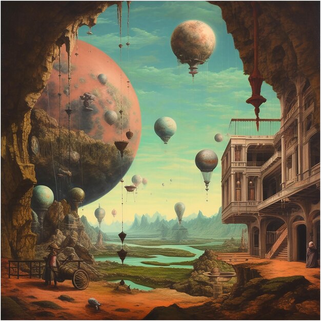 a painting of a world with a balloon and people in it