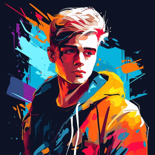 Vector painting of young man wearing yellow jacket and black hoodie