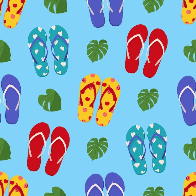 Pair of beach slippers Summer flip flops seamless pattern Flat vector illustration