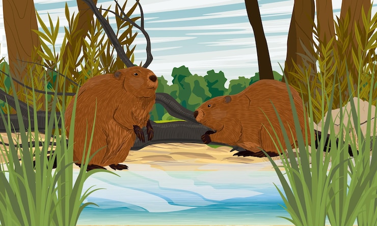 Vector a pair of beavers stand on the shore of a lake in thickets of tall grass realistic vector landscape