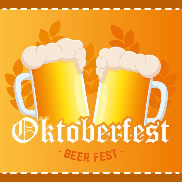 Pair of beer mugs with foam Oktoberfest beer festival Vector illustration