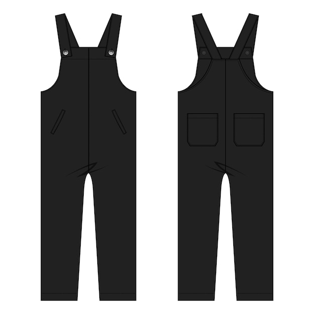 A pair of black overalls with the front and back side of the pants.